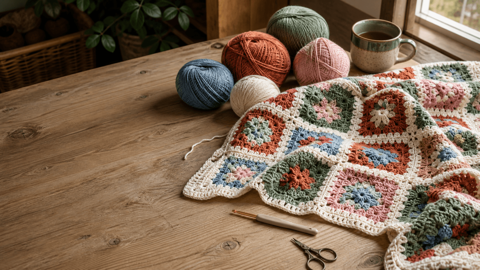Granny-square crochet blanket, colorful yarn, hook, scissors, and mug on a sunlit wooden craft table