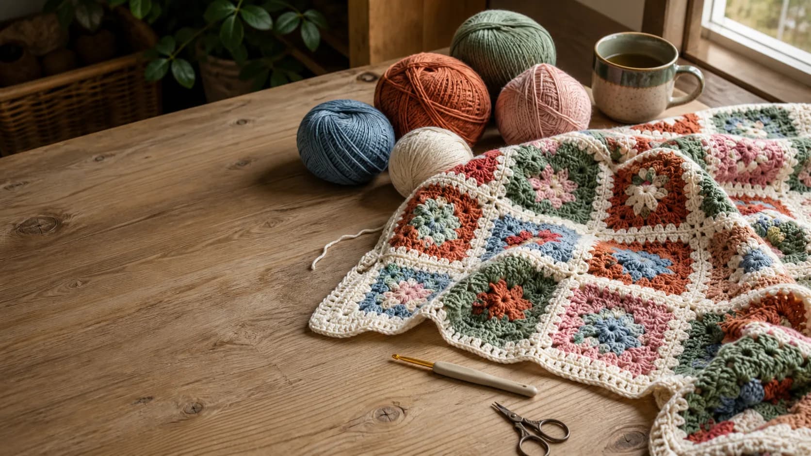 Granny-square crochet blanket, colorful yarn, hook, scissors, and mug on a sunlit wooden craft table