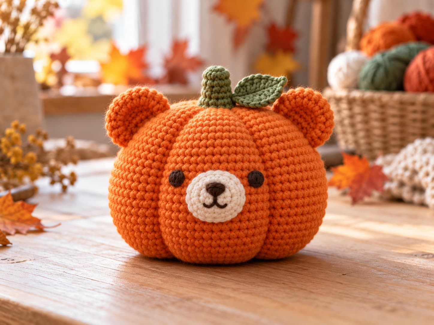 Orange crocheted Pumpkin Bear with rounded ears, cream muzzle, green stem, and leaf