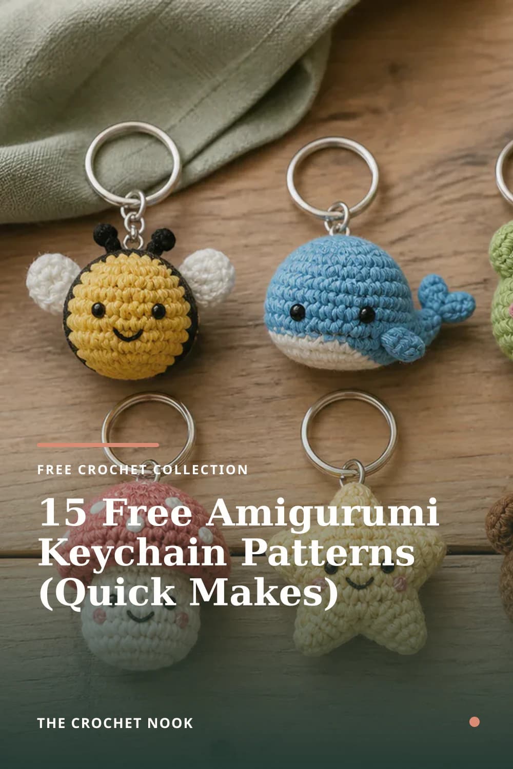 Pinterest graphic for 15 Free Amigurumi Keychain Patterns (Quick Makes)