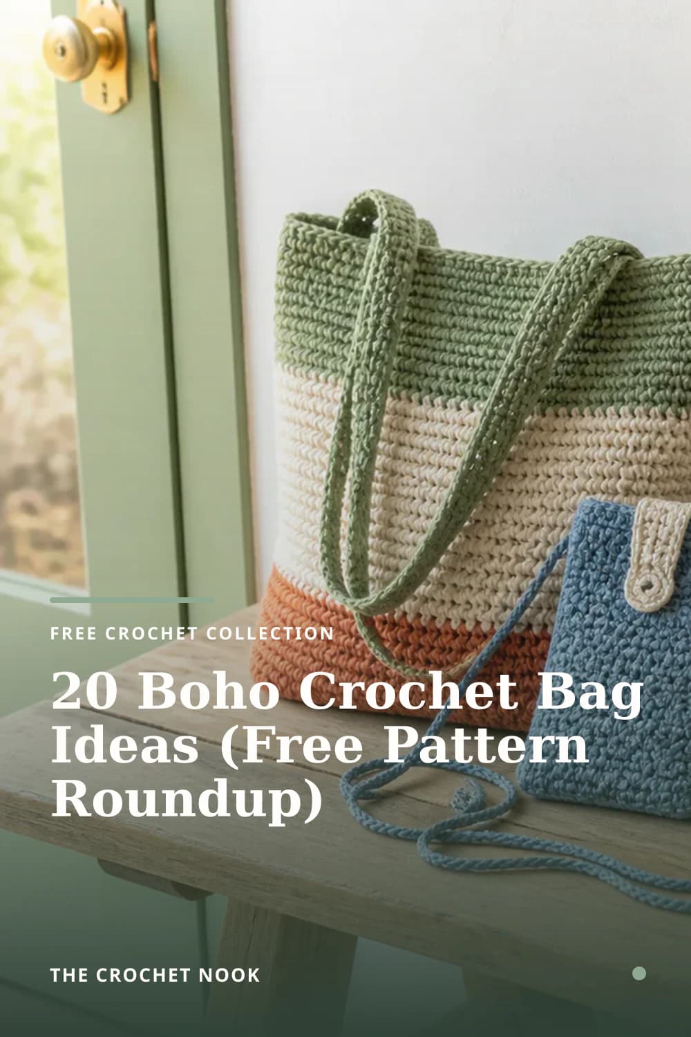 Pinterest graphic for 20 Boho Crochet Bag Ideas (Free Pattern Roundup)