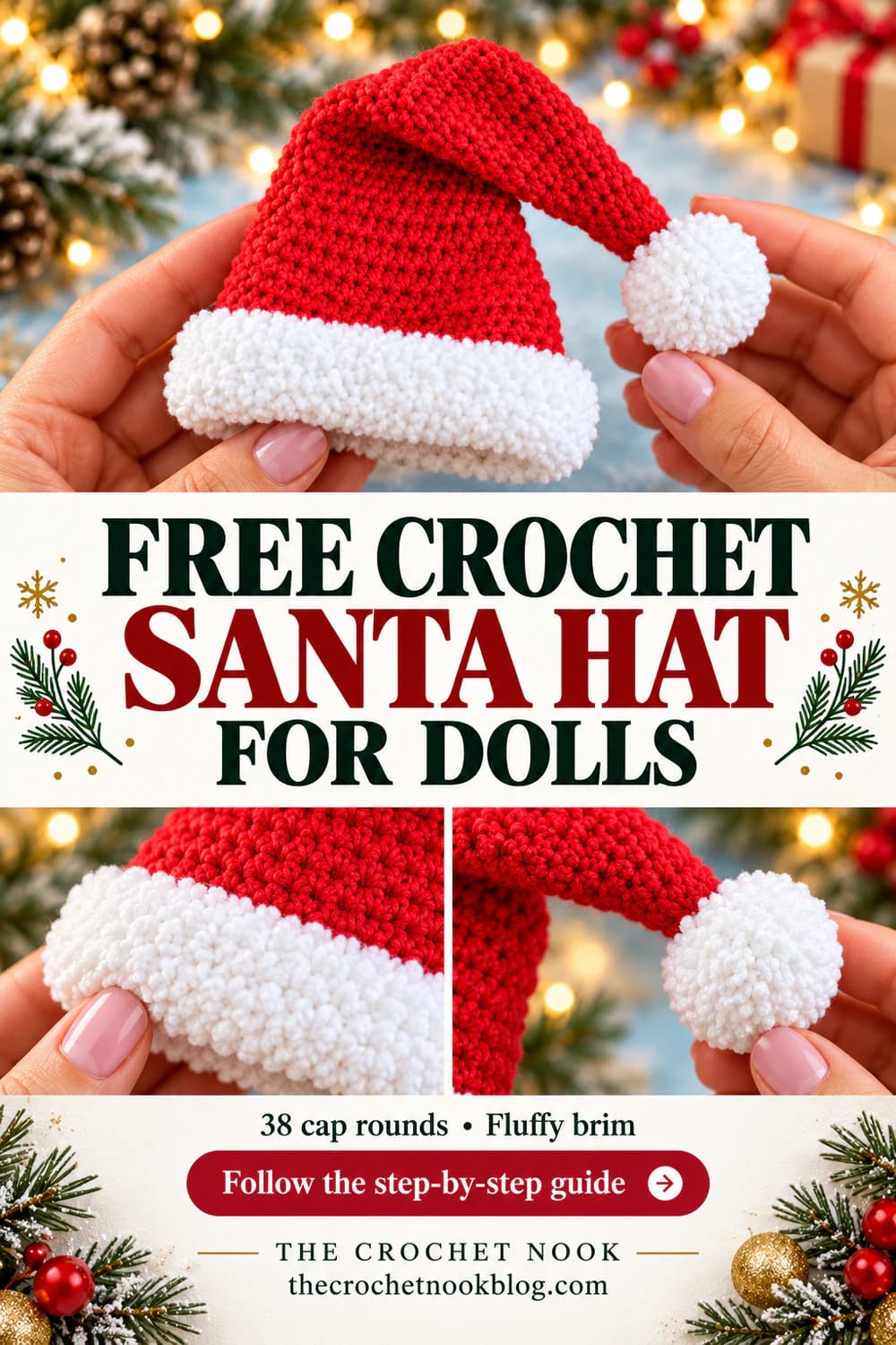 Pinterest graphic for Free Crochet Santa Hat for Dolls