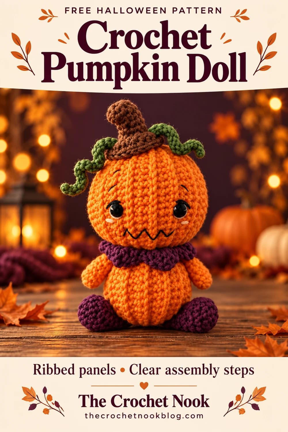 Pinterest graphic for Free Crochet Pumpkin Doll Pattern