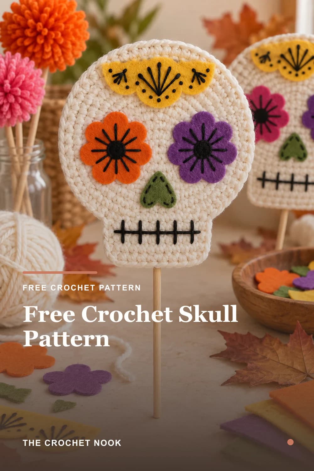Pinterest graphic for Free Crochet Skull Pattern