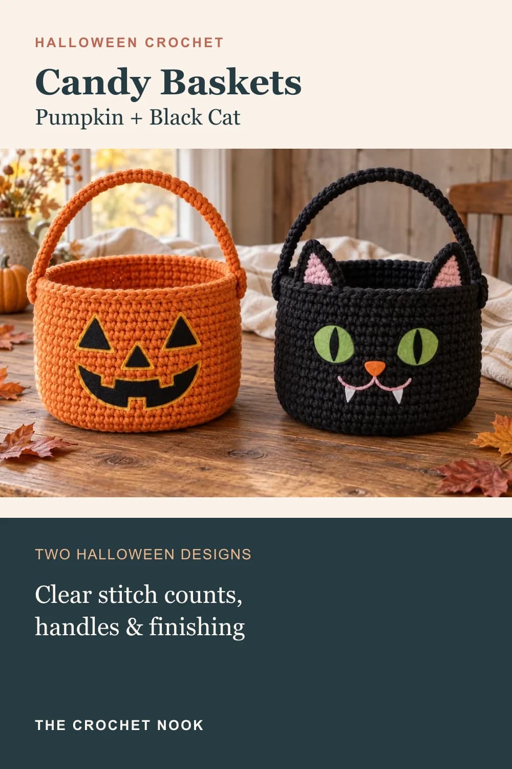 Pinterest graphic for Crochet Halloween Candy Baskets: Pumpkin and Cat
