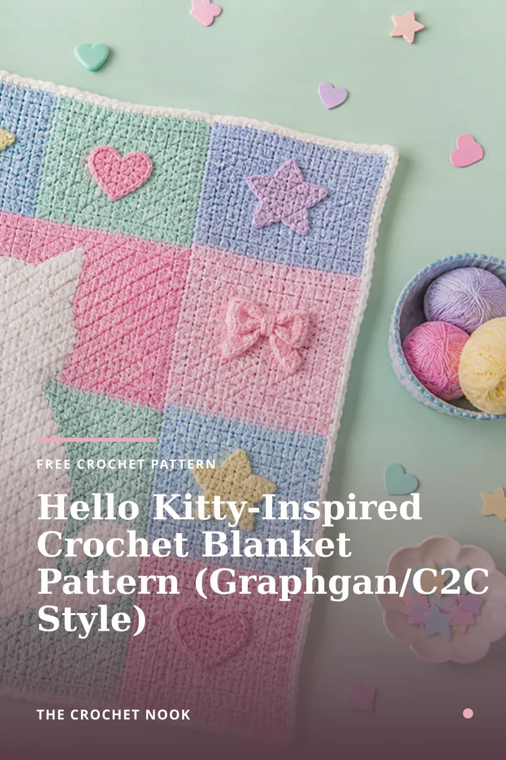 Pinterest graphic for Hello Kitty-Inspired Crochet Blanket Pattern (Graphgan/C2C Style)