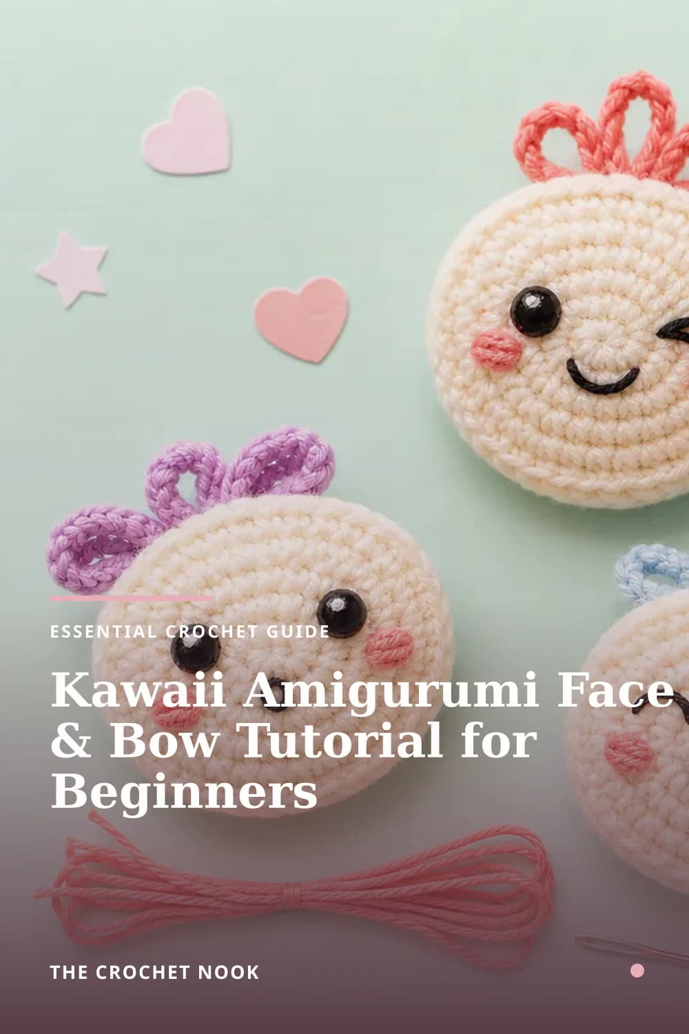 Pinterest graphic for Kawaii Amigurumi Face & Bow Tutorial for Beginners