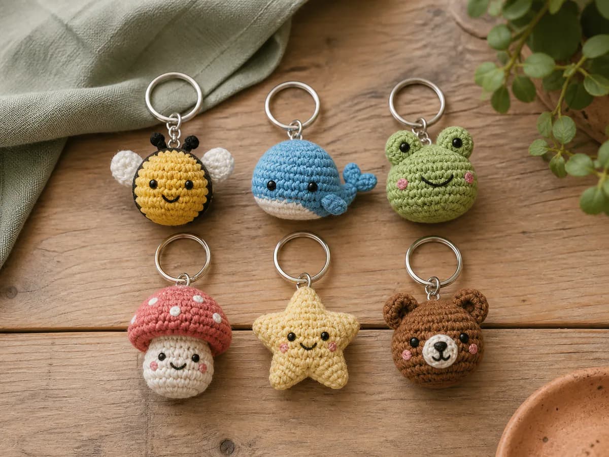 Six tiny crochet keychains shaped as a bee, whale, frog, mushroom, star, and brown bear on a wooden table