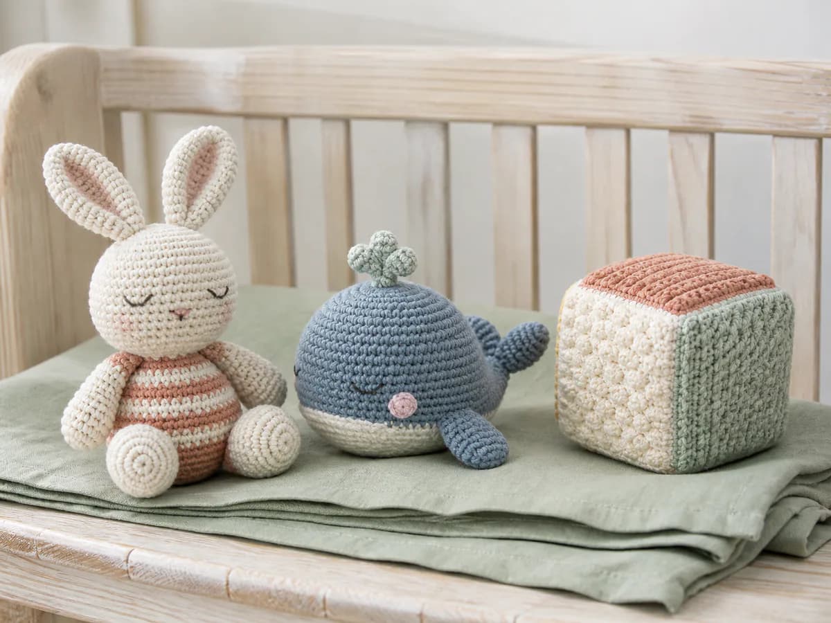 White crochet rabbit, blue whale, and pastel sensory cube displayed on a nursery shelf