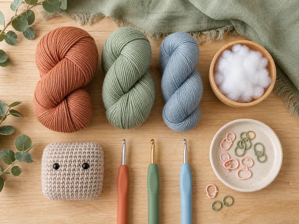Rust, sage, and blue yarn skeins with crochet hooks, stuffing, stitch markers, and a small face swatch