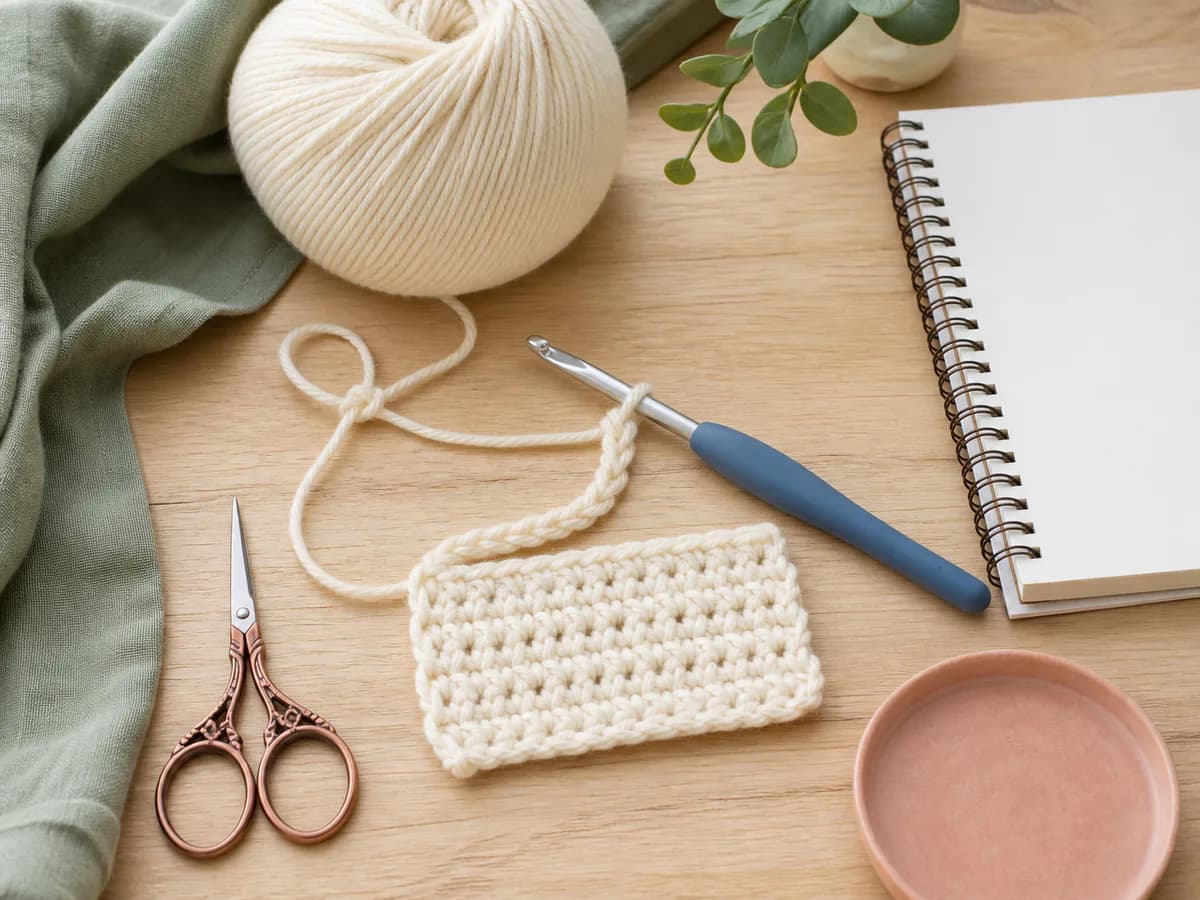 Blue crochet hook, cream yarn, foundation chain, scissors, and a small practice swatch on a wooden desk
