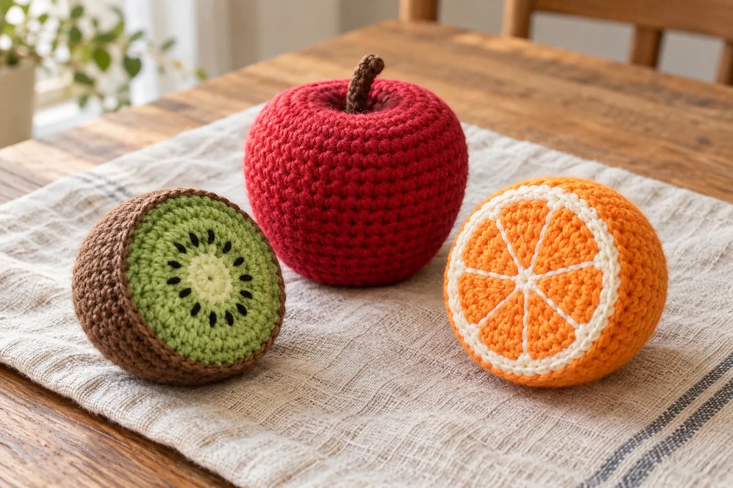 Whole red crochet apple with a brown stem beside a cut green kiwi half and a cut orange half, both showing their embroidered fruit faces