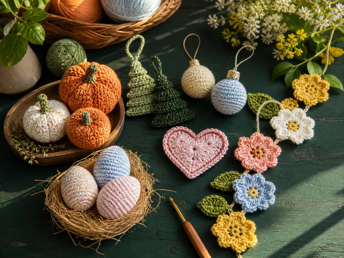 Crochet pumpkins, keychains, hearts, flowers, and ornaments arranged as colorful handmade gifts