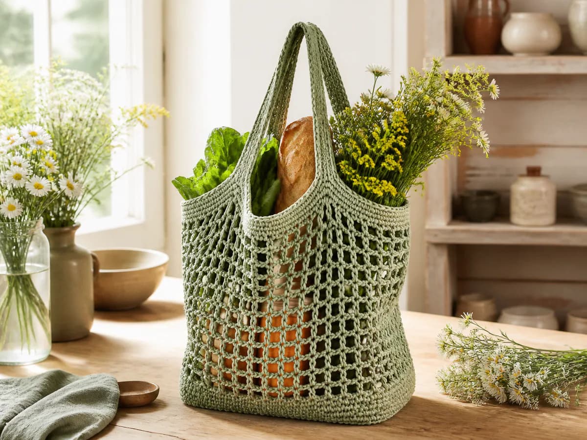 Sage green mesh crochet market tote filled with yellow flowers on a bright kitchen counter
