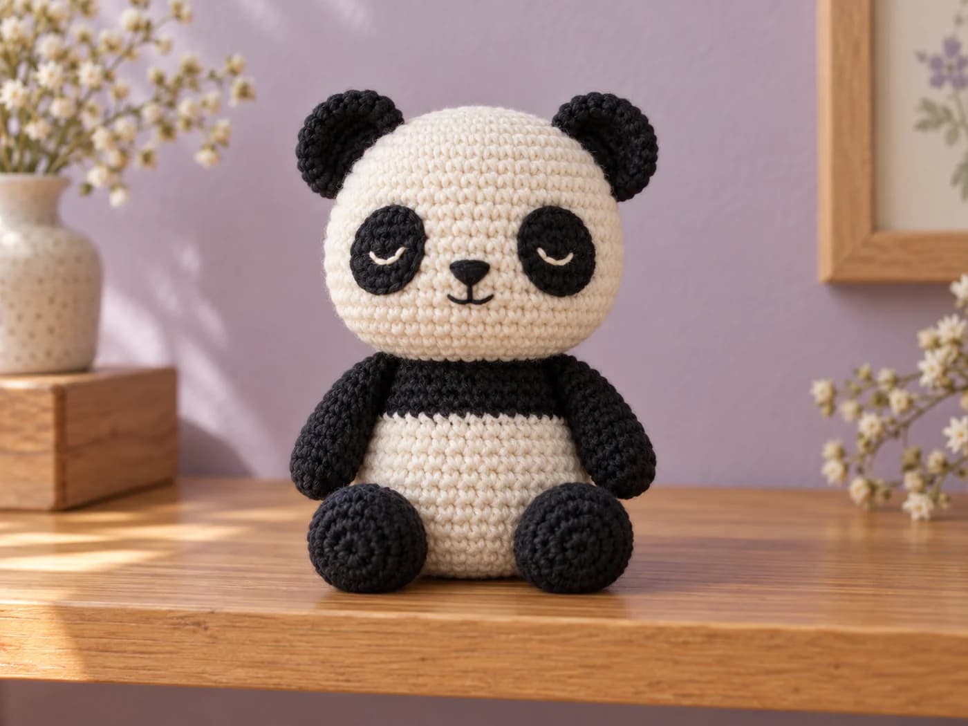 Black and cream crochet panda with rounded eye patches and embroidered closed eyes sitting against a lavender background