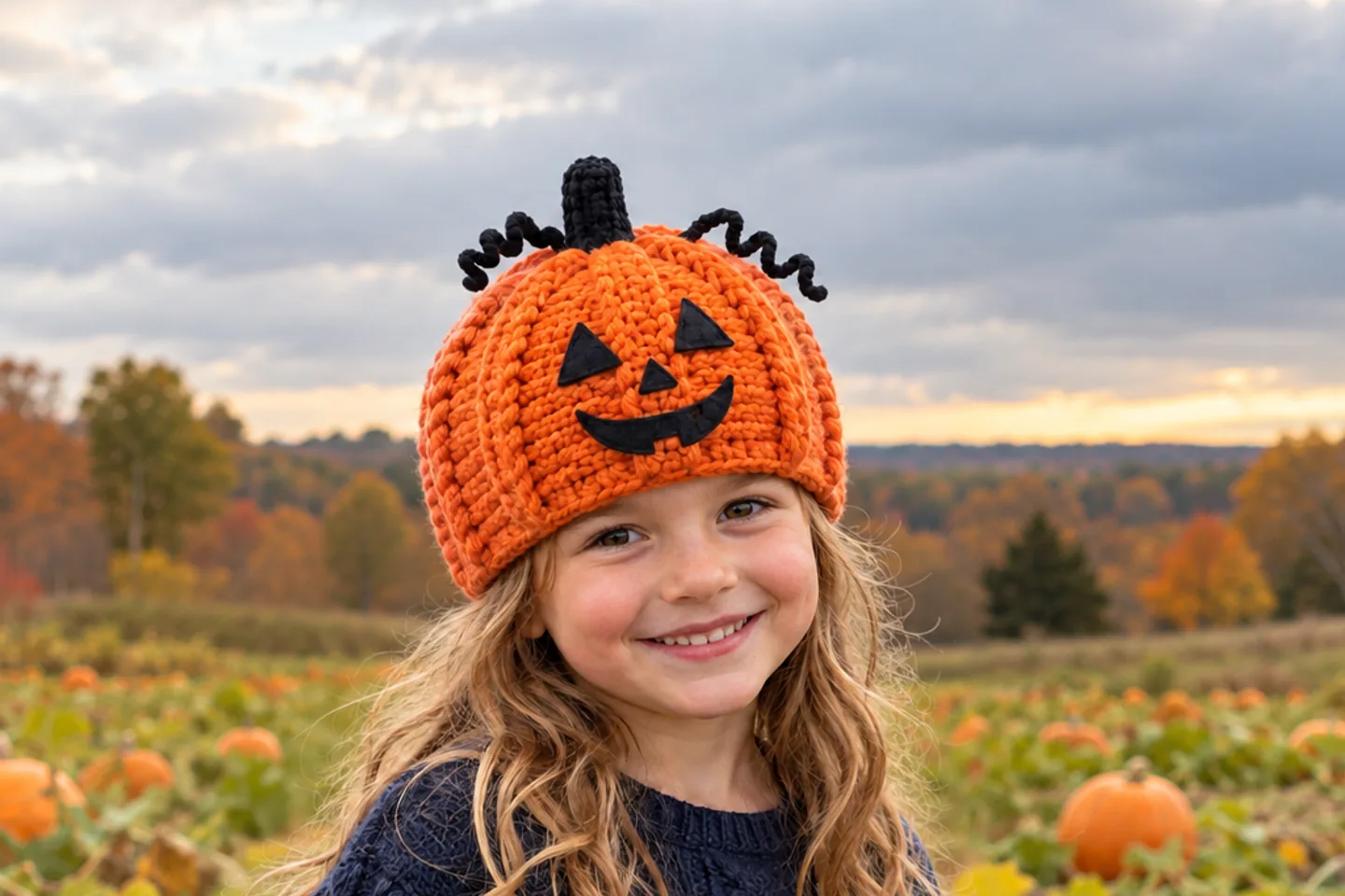 Child wearing an orange ridged crochet pumpkin hat with a black stem, two curled vines, and a sewn black jack-o-lantern face in an autumn pumpkin patch