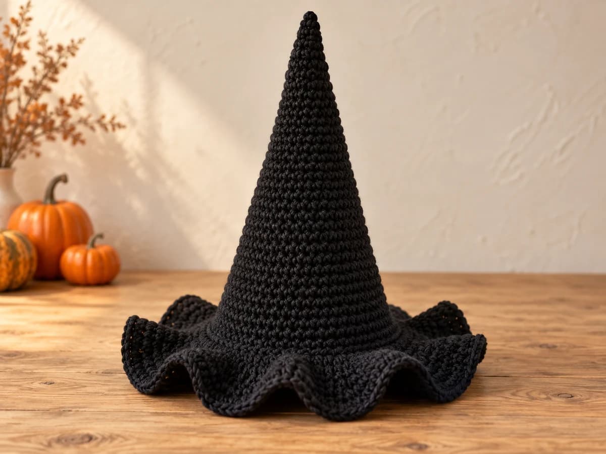 Black crochet witch hat with a tall pointed crown and softly ruffled brim on a wooden table beside autumn pumpkins