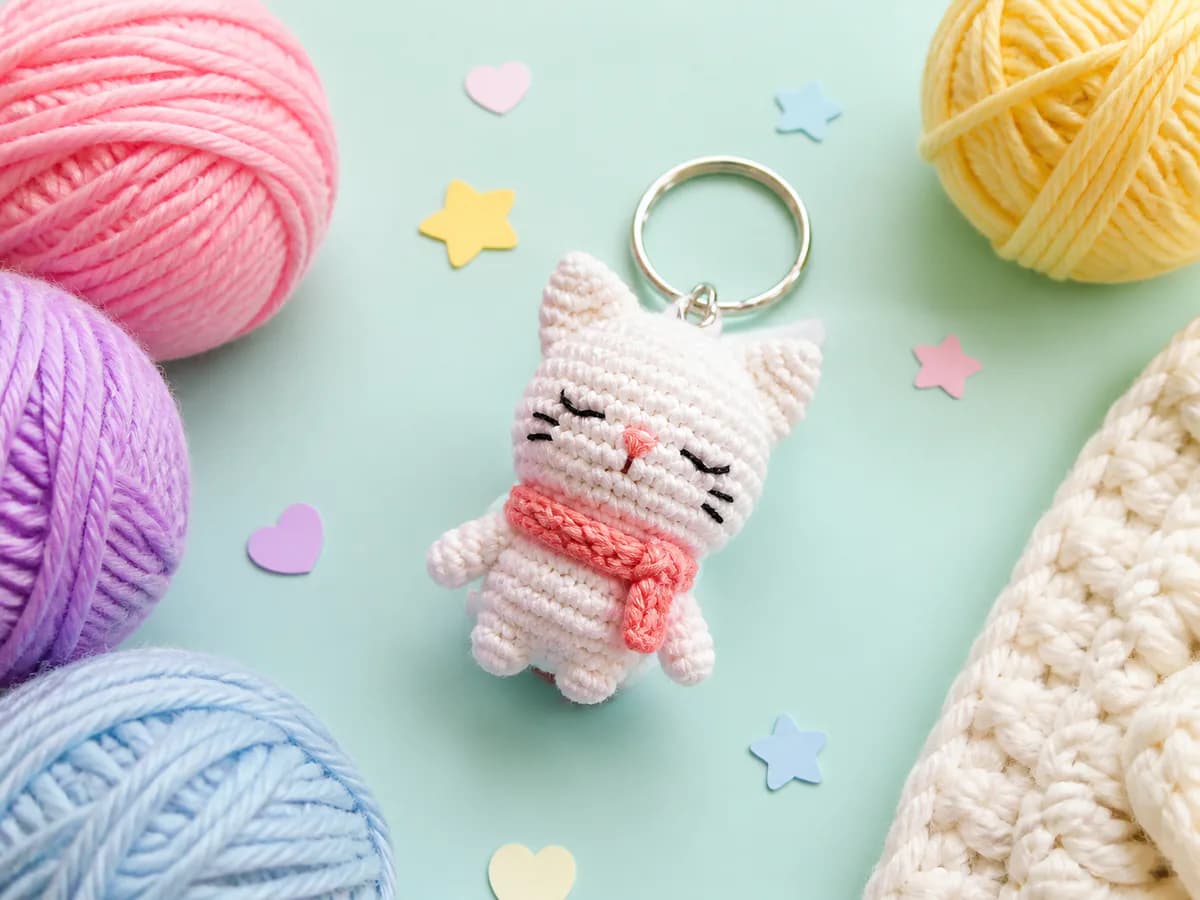 Small white cat-inspired crochet keychain with pink outfit and bow among pastel yarn