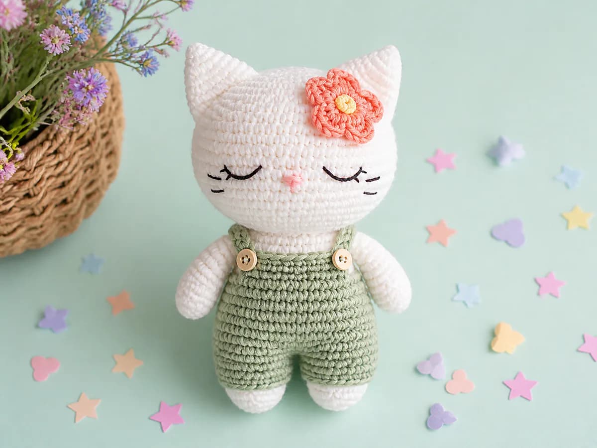 White cat-inspired crochet doll in sage overalls with a pink flower near one ear