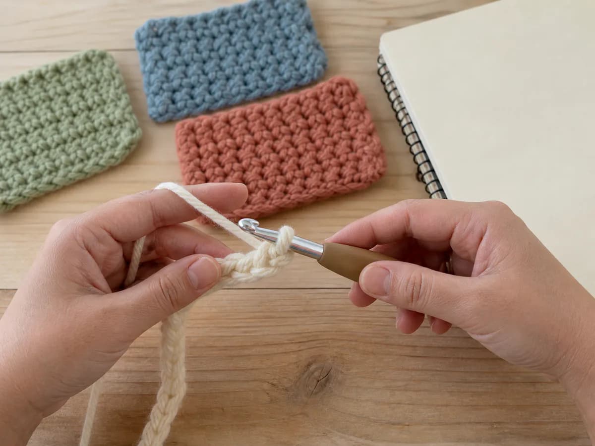 Hands forming cream crochet stitches with a blue hook beside three colored practice swatches
