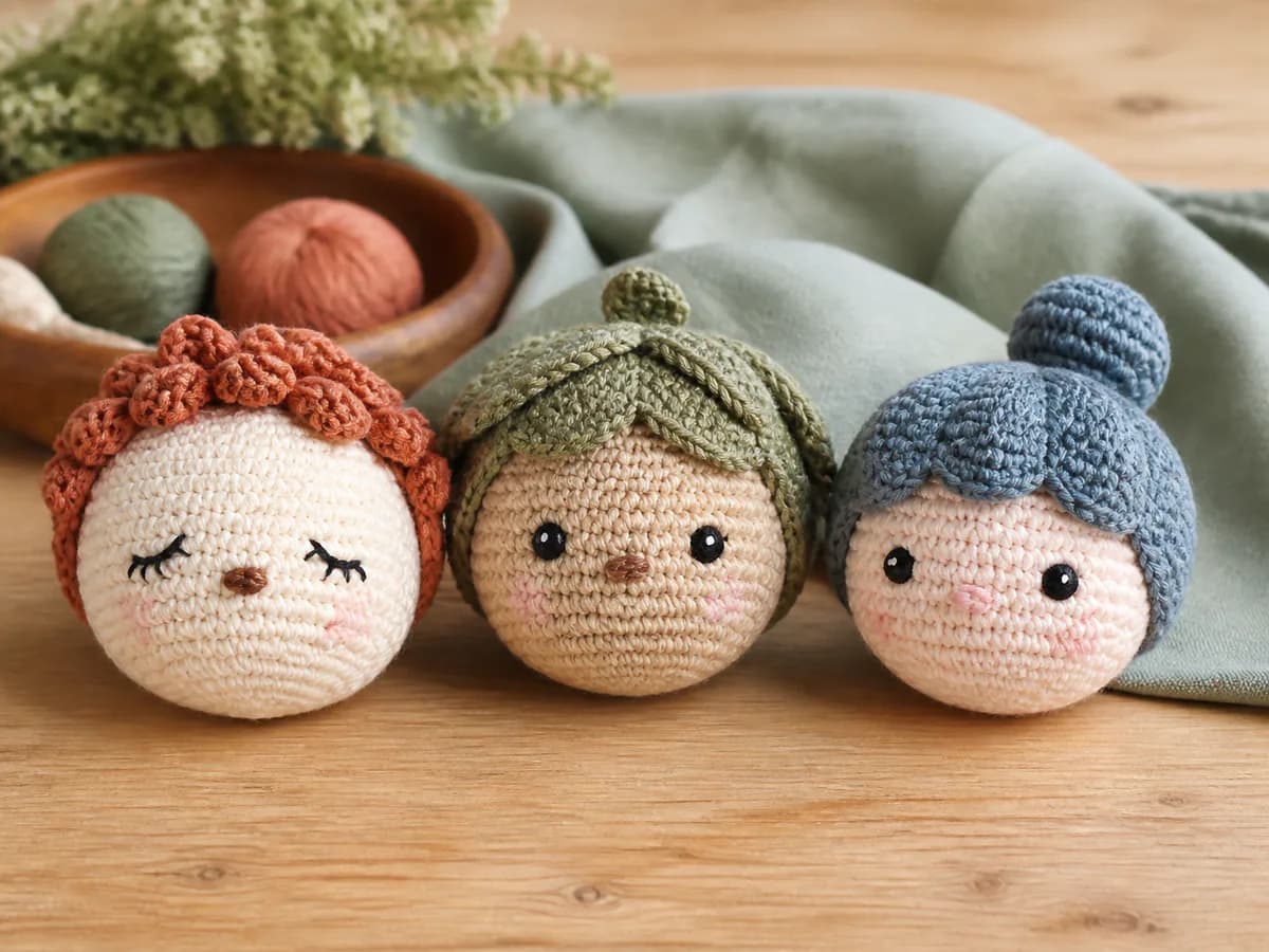 Three crochet doll heads with embroidered eyes and different hair, hat, and facial details