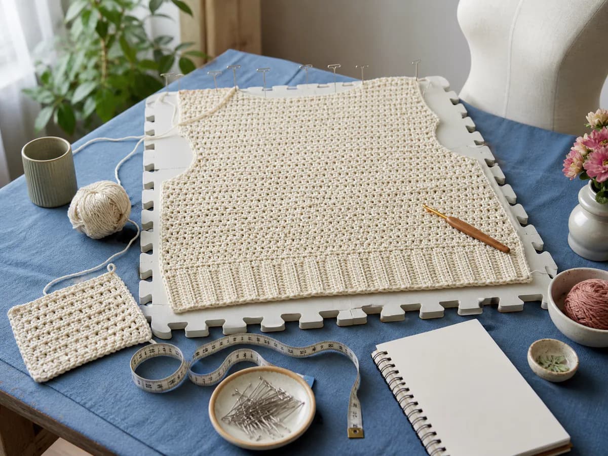Large cream crochet gauge swatch measured with tape beside yarn, calculator, and notebook