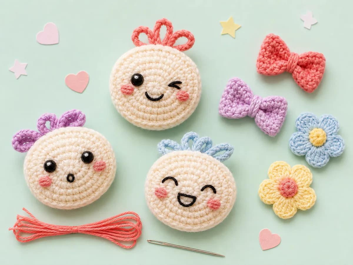 Three round crochet face appliques with embroidered expressions, pastel bows, hearts, and flowers