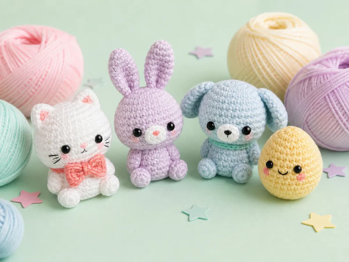 Pastel crochet cat, rabbit, bear, and chick figures arranged with yarn and small stars