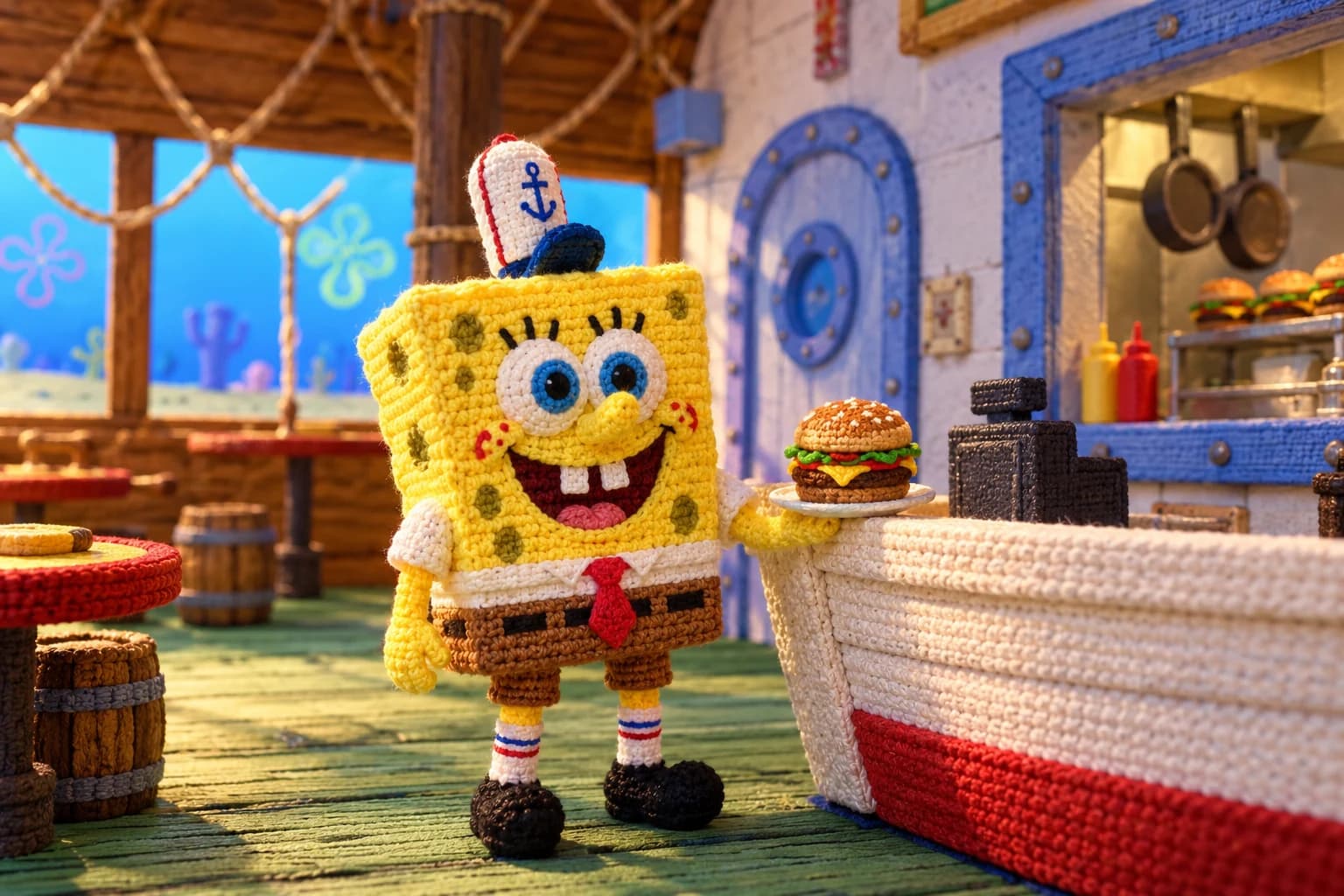 Yellow crochet SpongeBob doll wearing a white hat and red tie beside a burger counter in a colorful underwater restaurant