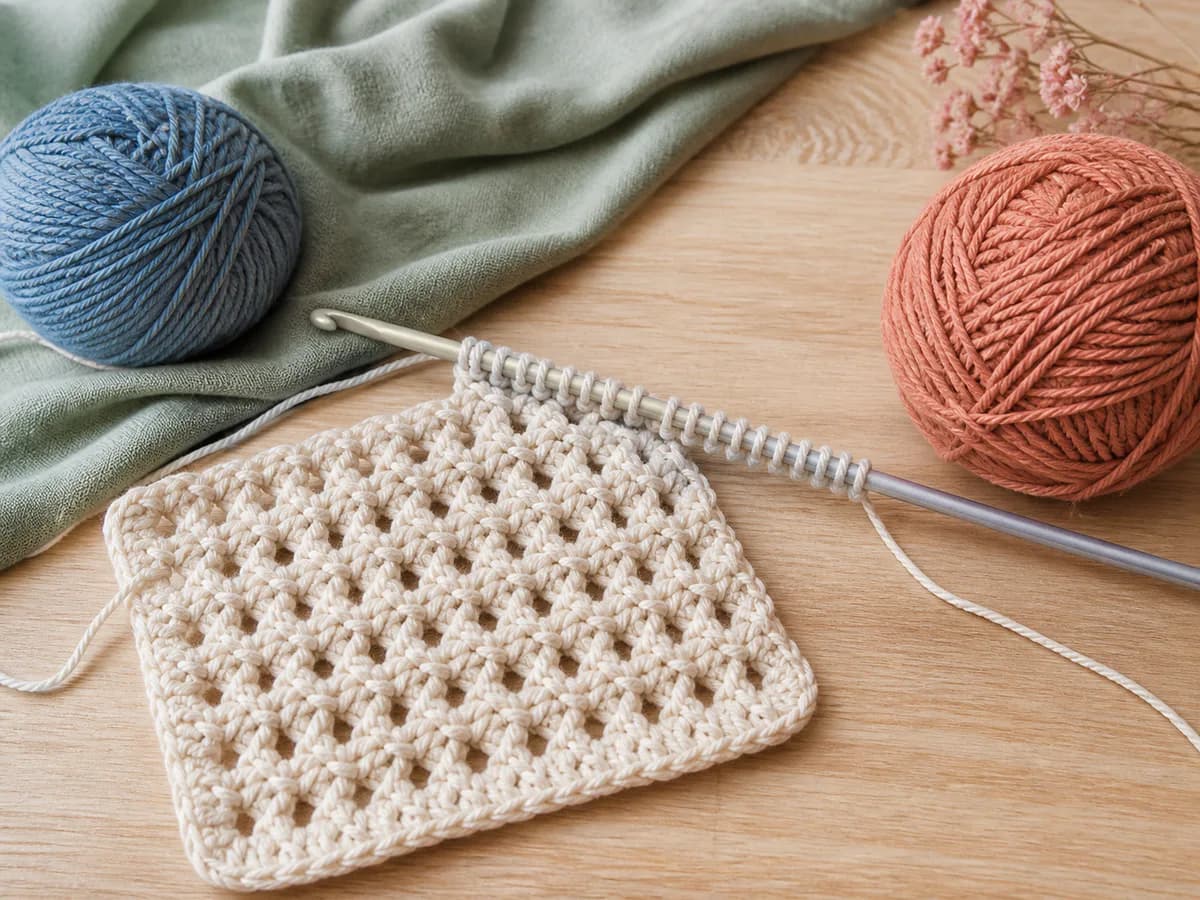 Cream Tunisian crochet swatch held on a long hook between blue and coral yarn balls