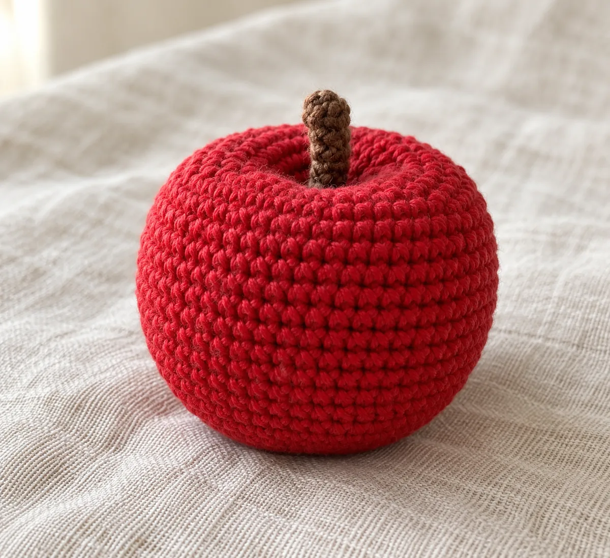 Whole red crochet apple with tight stitches, shallow top dimple, and a short brown stem on cream linen
