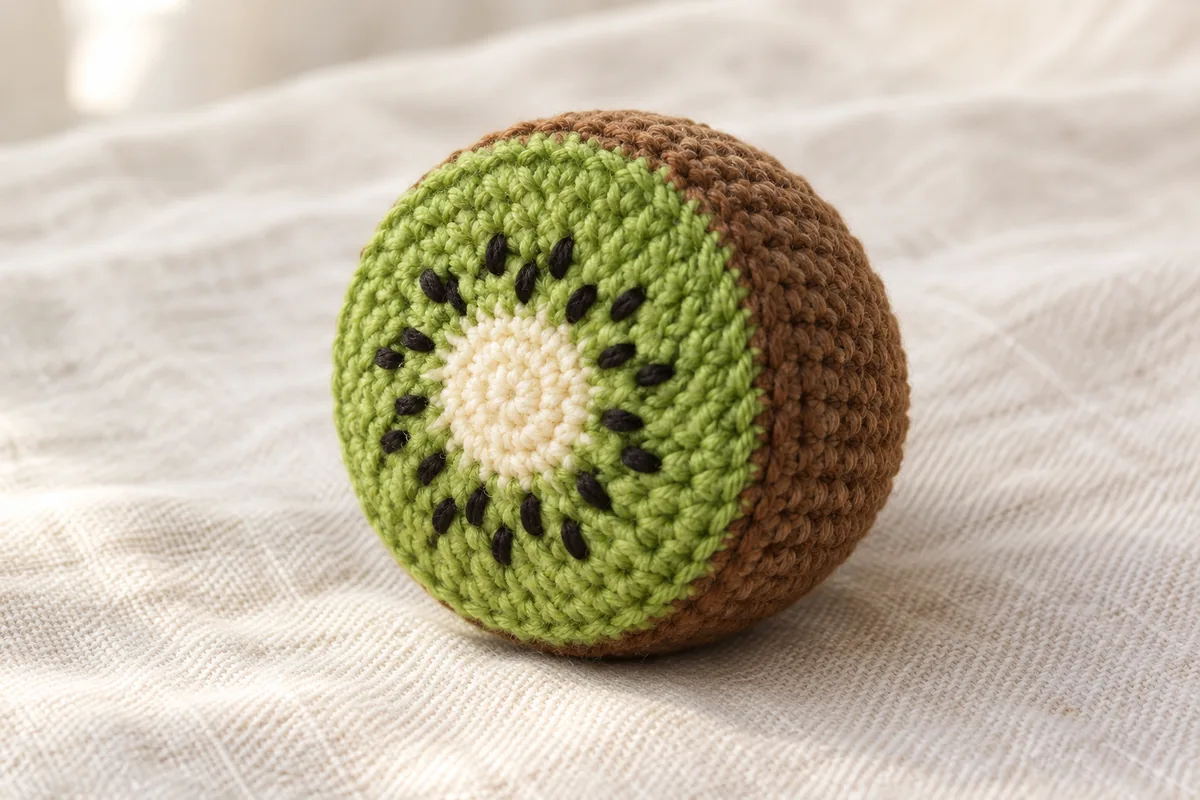 Stuffed crochet kiwi half with a flat cream-centered green face, black embroidered seeds, and a rounded brown peel