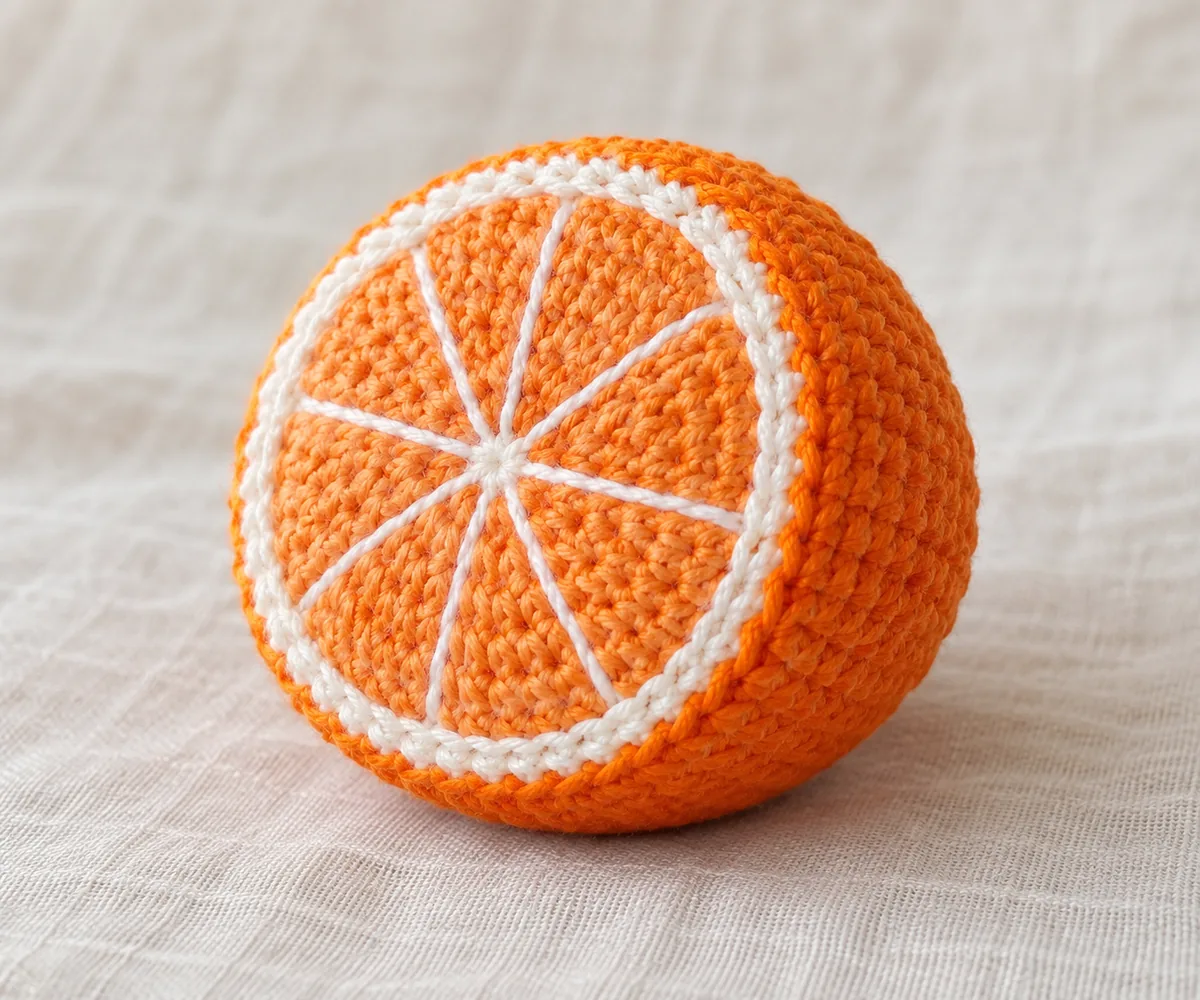 Stuffed crochet orange half showing a flat orange face divided by eight white embroidered rays, a white pith ring, and rounded orange peel
