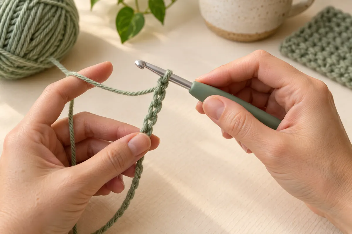 Hands working a short chain with sage yarn and a soft-grip crochet hook; the working loop is visible near the hook shaft.