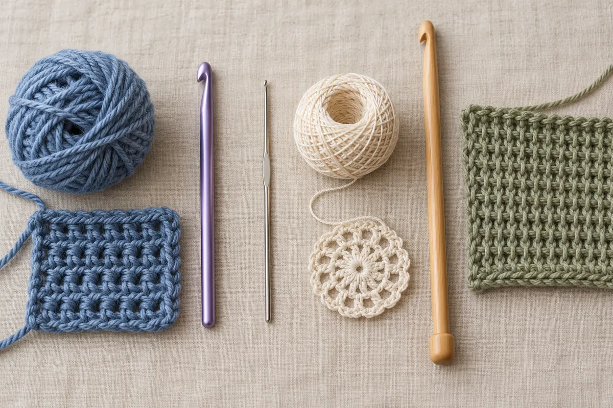 Three crochet hook styles on linen: a short regular hook, a fine steel thread hook, and a long Tunisian hook with an end stopper, beside yarn and sample fabric.