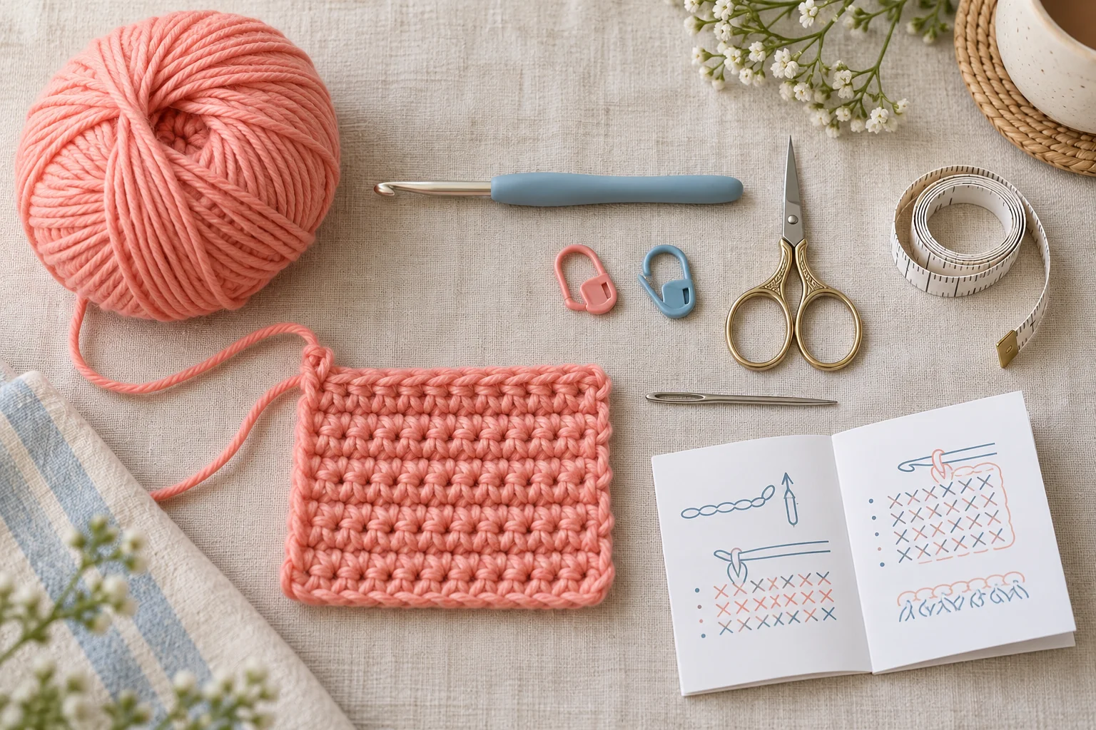 Flat lay of a beginner crochet setup: smooth coral yarn, one hook, two stitch markers, scissors, measuring tape, tapestry needle, a practice swatch, and a small instruction booklet